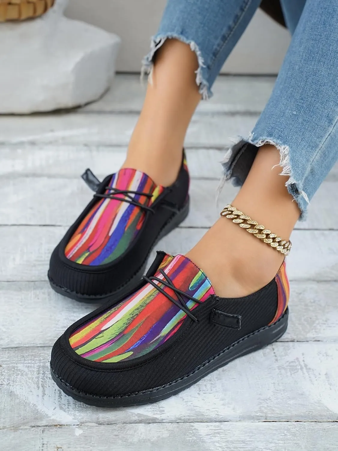 Shesnugin|Women's Black Fabric Slip On Casual Loafers Comfortable Lightweight Breathable Canvas Lace-Up Walking Flat Boat Shoes Ultralight Sole Wide Deck Shoes for Work and Traveling