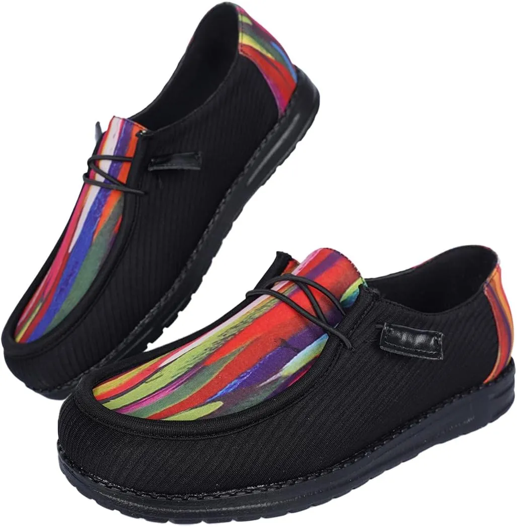 Shesnugin|Women's Black Fabric Slip On Casual Loafers Comfortable Lightweight Breathable Canvas Lace-Up Walking Flat Boat Shoes Ultralight Sole Wide Deck Shoes for Work and Traveling