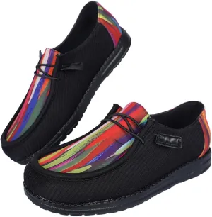 Shesnugin|Women's Black Fabric Slip On Casual Loafers Comfortable Lightweight Breathable Canvas Lace-Up Walking Flat Boat Shoes Ultralight Sole Wide Deck Shoes for Work and Traveling