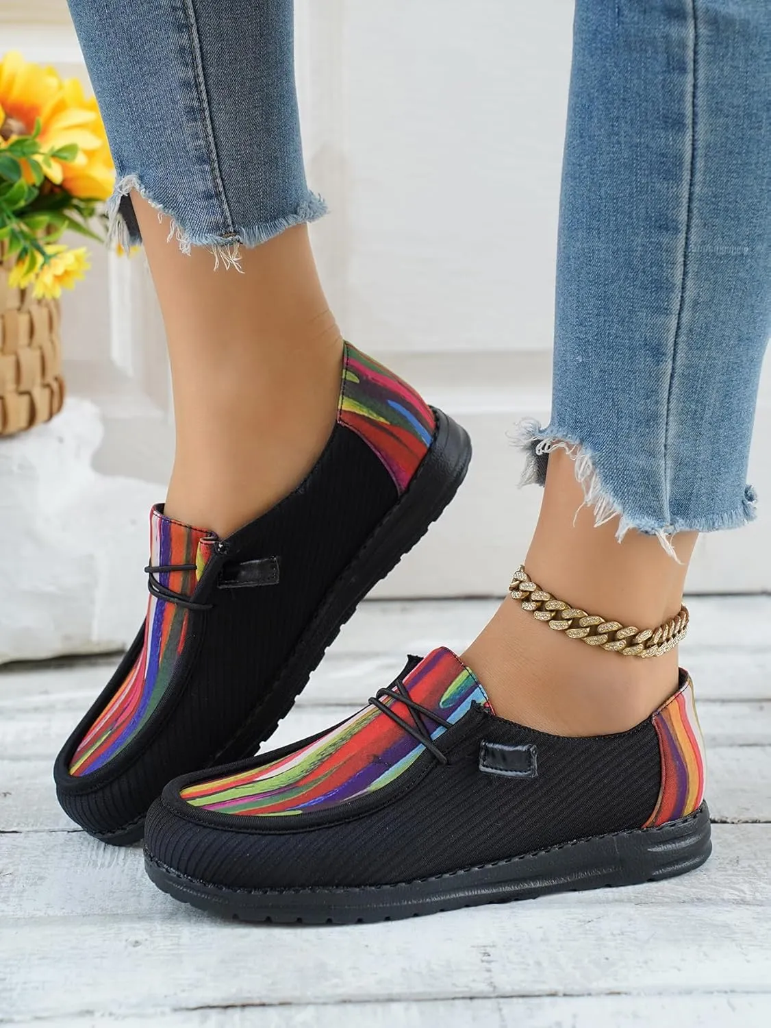 Shesnugin|Women's Black Fabric Slip On Casual Loafers Comfortable Lightweight Breathable Canvas Lace-Up Walking Flat Boat Shoes Ultralight Sole Wide Deck Shoes for Work and Traveling