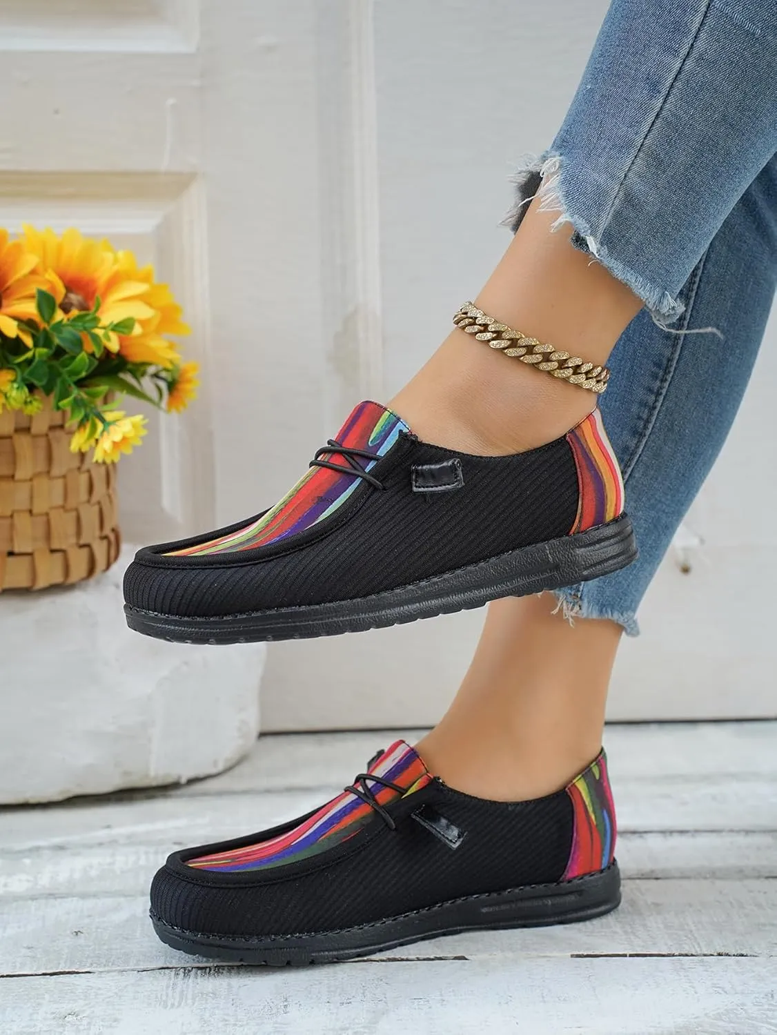 Shesnugin|Women's Black Fabric Slip On Casual Loafers Comfortable Lightweight Breathable Canvas Lace-Up Walking Flat Boat Shoes Ultralight Sole Wide Deck Shoes for Work and Traveling