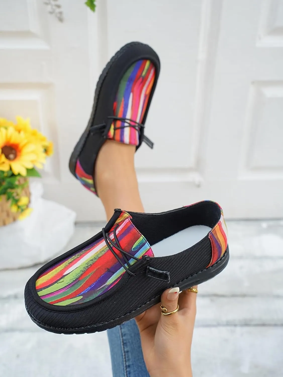 Shesnugin|Women's Black Fabric Slip On Casual Loafers Comfortable Lightweight Breathable Canvas Lace-Up Walking Flat Boat Shoes Ultralight Sole Wide Deck Shoes for Work and Traveling