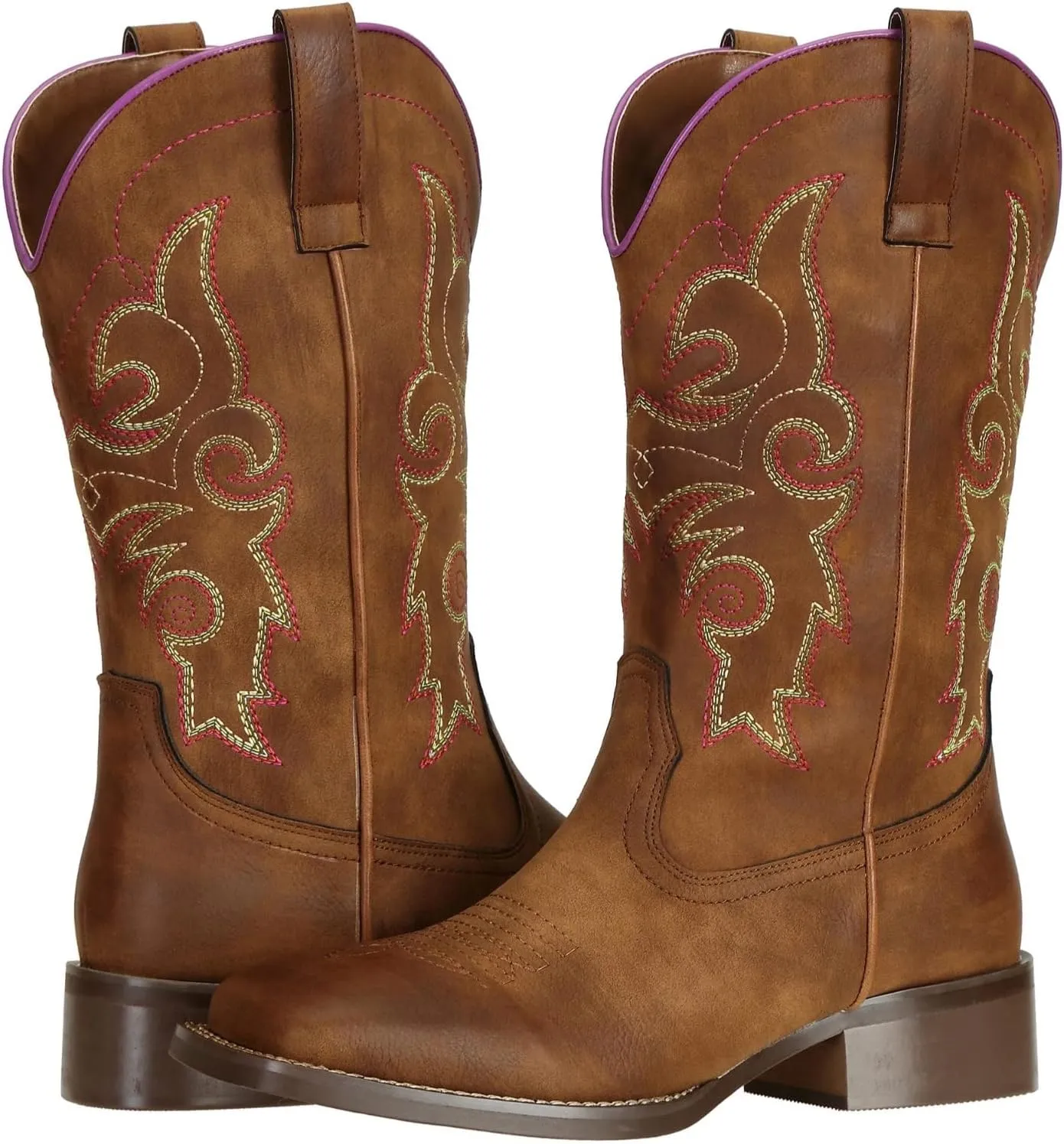 SheSole Women's Cowboy Cowgirl Boots Western Wide Square Toe Wide Calf Boots Brown