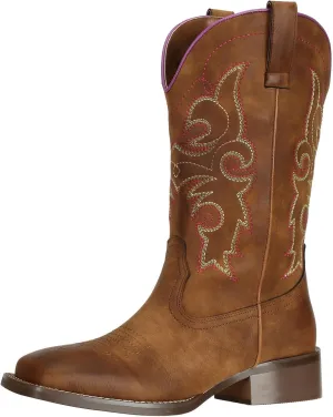 SheSole Women's Cowboy Cowgirl Boots Western Wide Square Toe Wide Calf Boots Brown