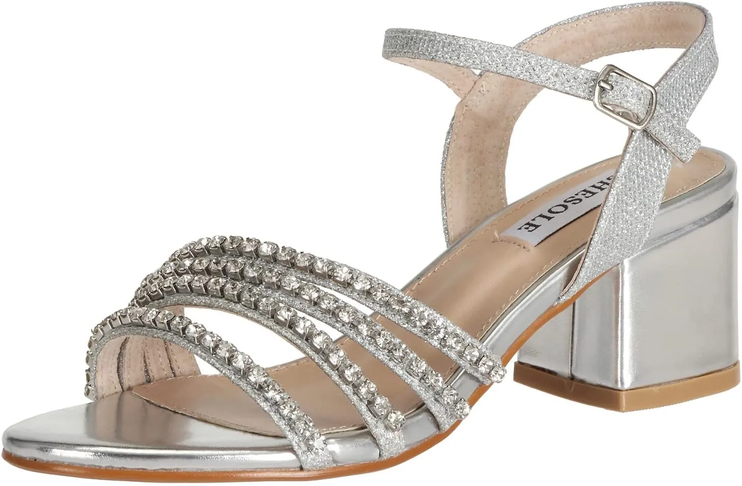SheSole Women's Strappy Open Toe Rhinestone Low Block Chunky Heels Sandals Silver Sandals Wedding Party Dress Shoes for Women