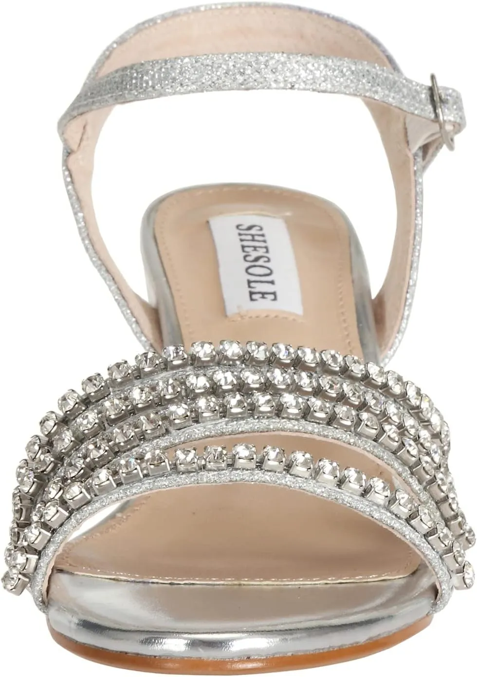 SheSole Women's Strappy Open Toe Rhinestone Low Block Chunky Heels Sandals Silver Sandals Wedding Party Dress Shoes for Women