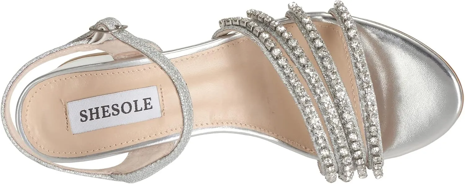 SheSole Women's Strappy Open Toe Rhinestone Low Block Chunky Heels Sandals Silver Sandals Wedding Party Dress Shoes for Women