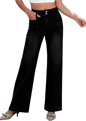 Sidefeel Women's Wide Leg Jeans High Waisted Tummy Control Stretchy Pockets Front Zimbaplatinum Jeans