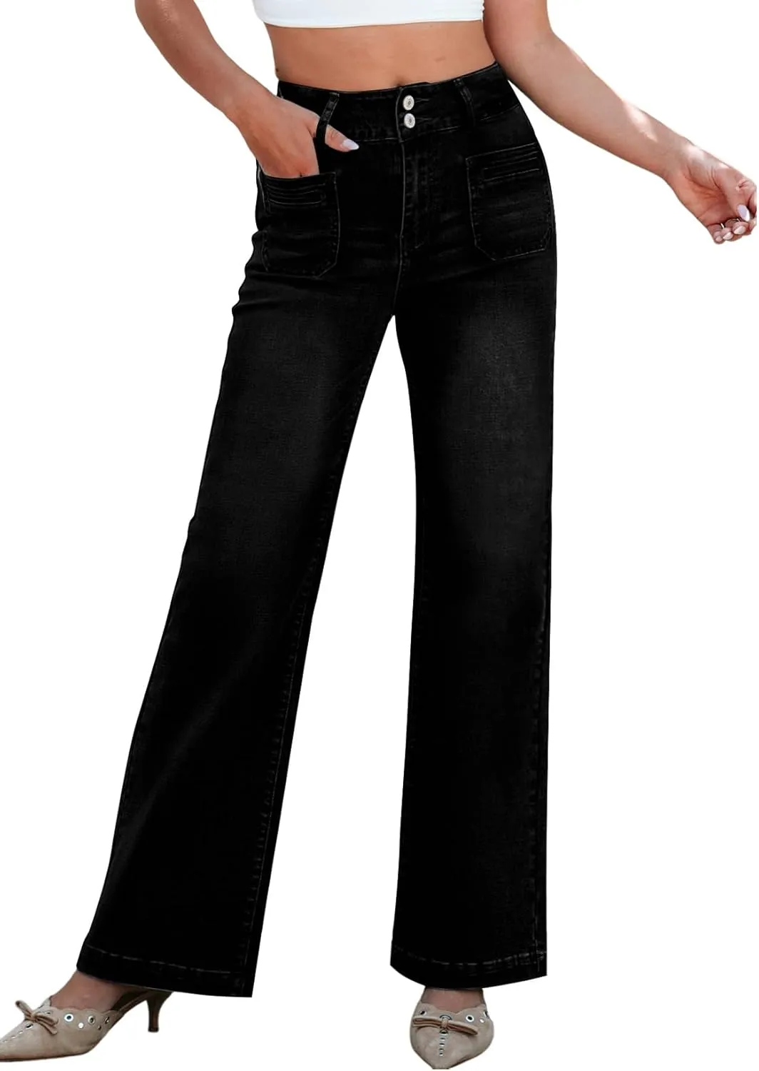 Sidefeel Women's Wide Leg Jeans High Waisted Tummy Control Stretchy Pockets Front Zimbaplatinum Jeans