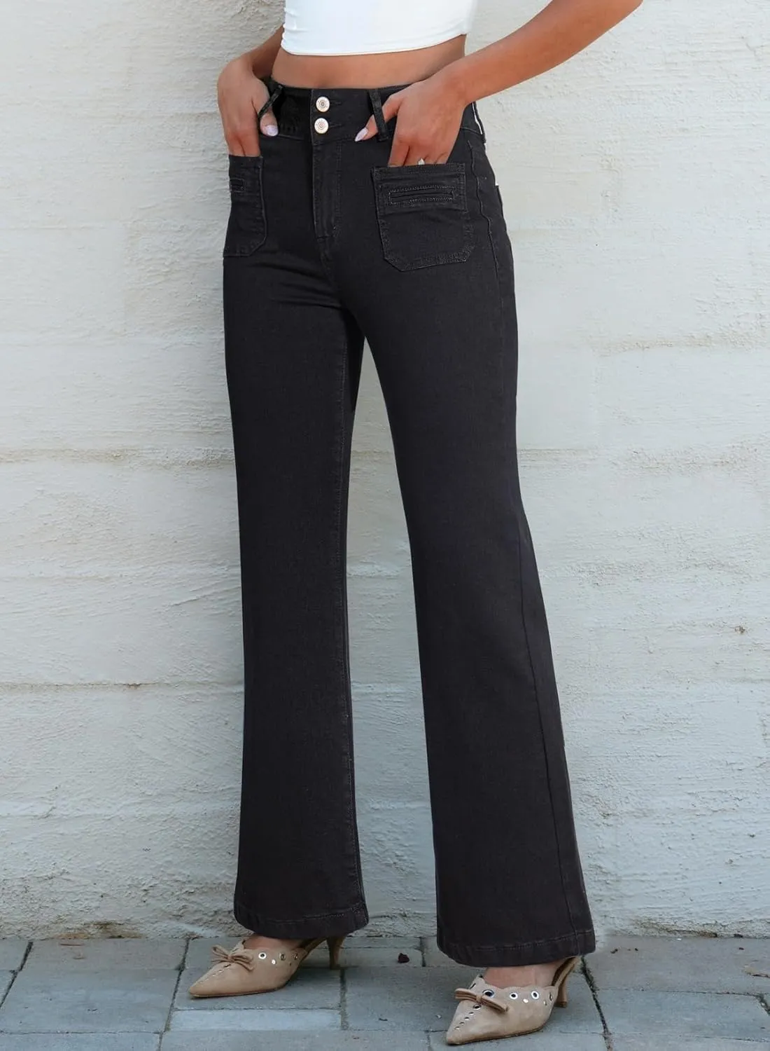 Sidefeel Women's Wide Leg Jeans High Waisted Tummy Control Stretchy Pockets Front Zimbaplatinum Jeans