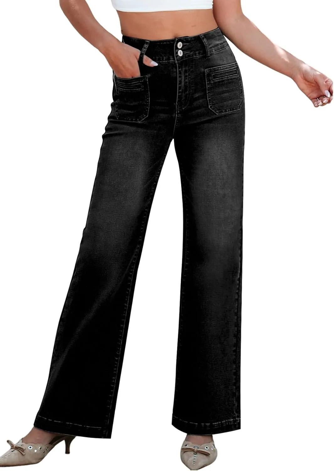 Sidefeel Women's Wide Leg Jeans High Waisted Tummy Control Stretchy Pockets Front Zimbaplatinum Jeans