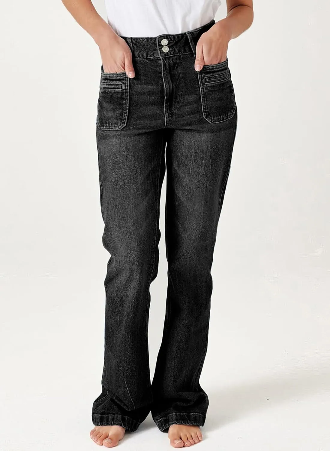 Sidefeel Women's Wide Leg Jeans High Waisted Tummy Control Stretchy Pockets Front Zimbaplatinum Jeans