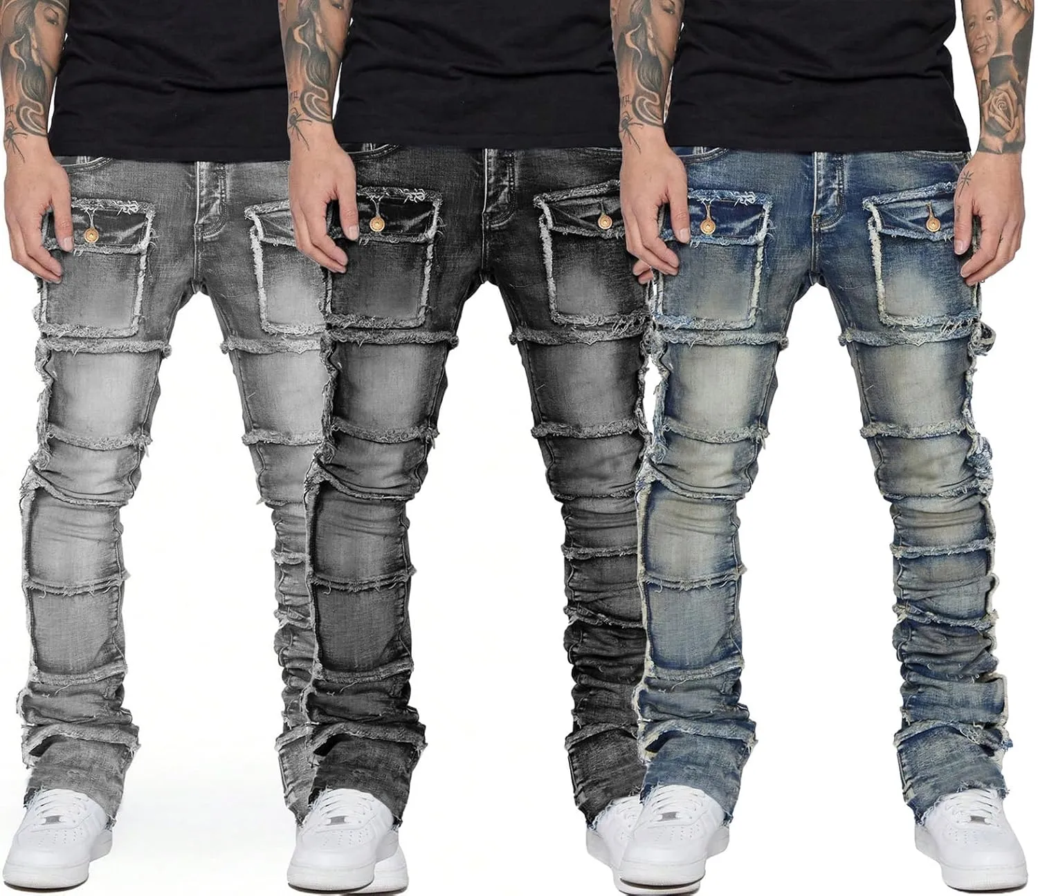Stretch Stacked Jeans Mens Slim Fit Ripped Cargo Jeans Distressed Straight Leg Hip Hop Trousers with Pockets