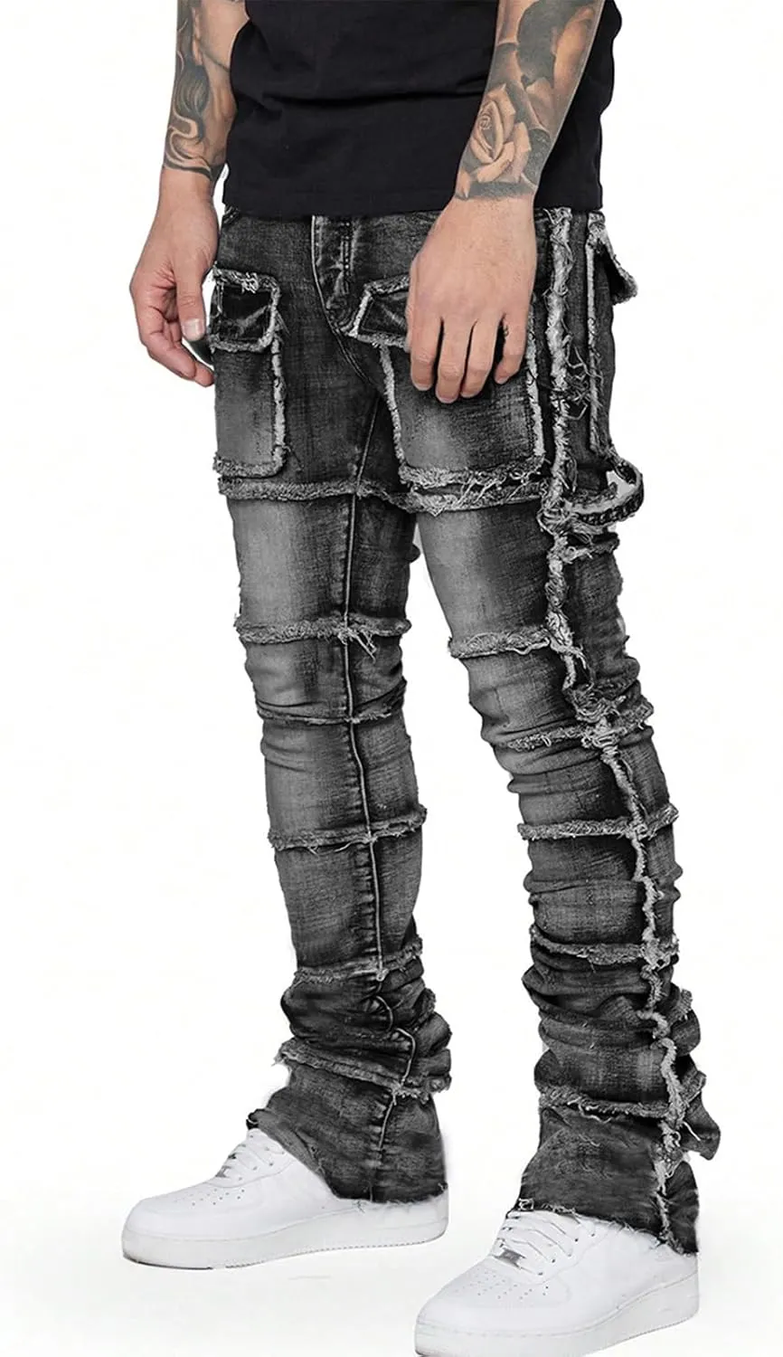 Stretch Stacked Jeans Mens Slim Fit Ripped Cargo Jeans Distressed Straight Leg Hip Hop Trousers with Pockets