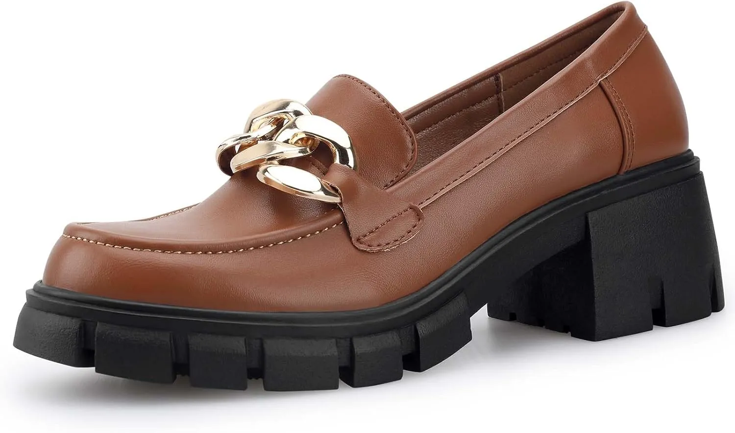 STUNAHOME Women's Platform Loafers with Chain Fashion Round Toe Slip On Chunky Heel Lug Sole Loafers Shoes Penny Casual Business Shoes