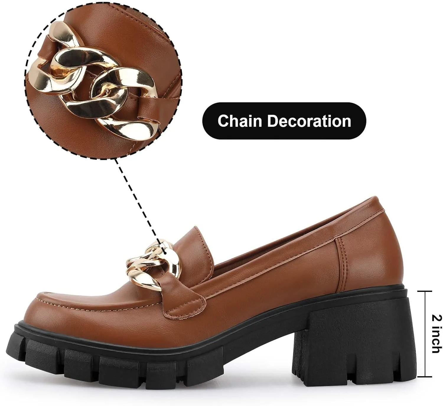 STUNAHOME Women's Platform Loafers with Chain Fashion Round Toe Slip On Chunky Heel Lug Sole Loafers Shoes Penny Casual Business Shoes