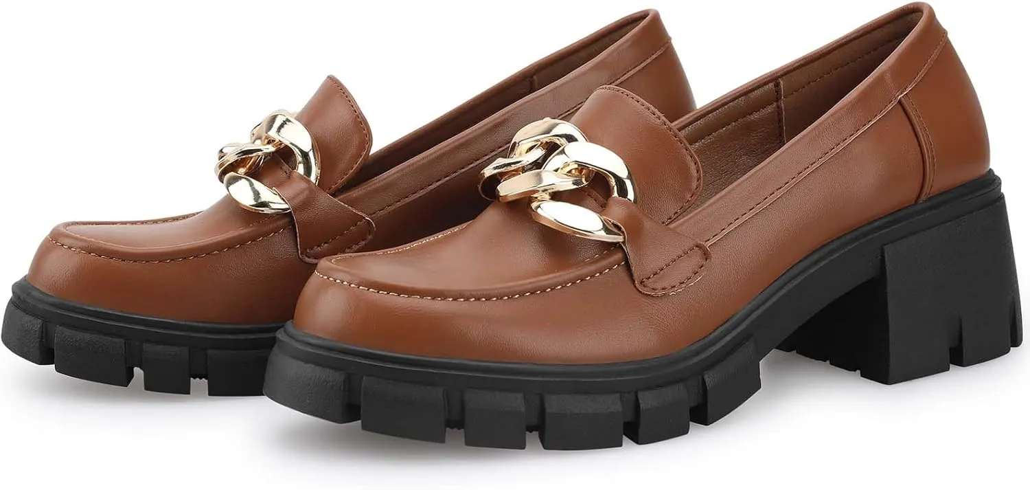 STUNAHOME Women's Platform Loafers with Chain Fashion Round Toe Slip On Chunky Heel Lug Sole Loafers Shoes Penny Casual Business Shoes