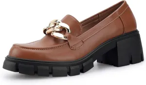 STUNAHOME Women's Platform Loafers with Chain Fashion Round Toe Slip On Chunky Heel Lug Sole Loafers Shoes Penny Casual Business Shoes