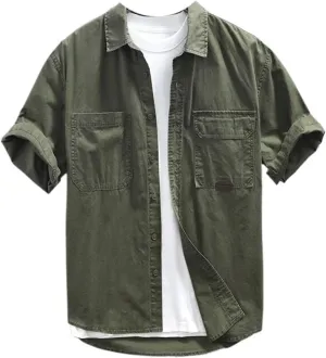Summer Short Sleeve Cargo Shirts for Men Work Retro Cotton Shirt