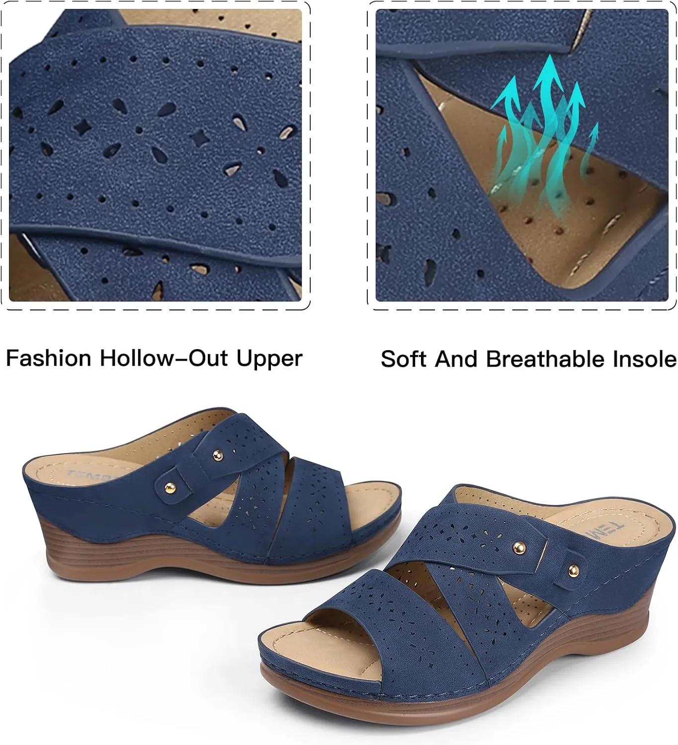 TEMOFON Wedge Sandals for Women Summer: Dressy Low Heel Sandals Black/Navy/White, Comfortable Walking, Arch support, Casual Slip on Summer Shoes, Size 5-11