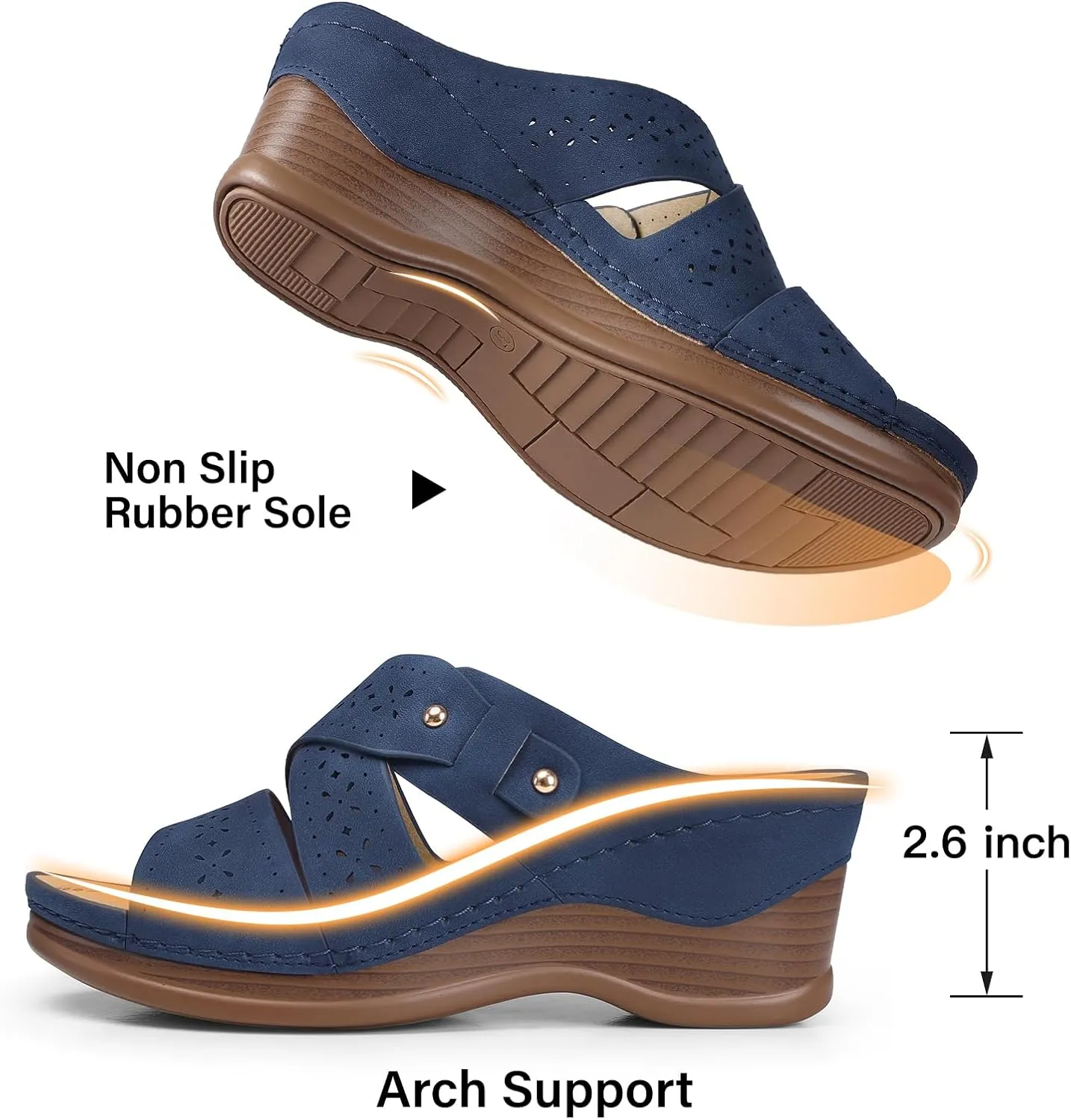TEMOFON Wedge Sandals for Women Summer: Dressy Low Heel Sandals Black/Navy/White, Comfortable Walking, Arch support, Casual Slip on Summer Shoes, Size 5-11