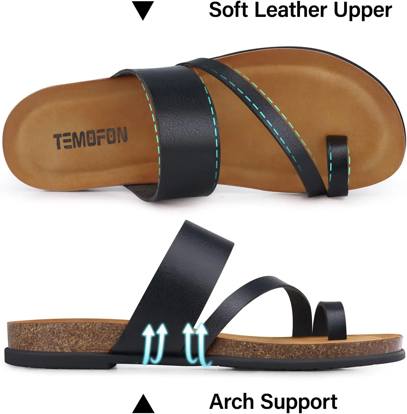 TEMOFON Women Summer Flip Flops: Genuine Leather Sandals, Cork Footbed, Comfortable Arch Support, Black/White/Brown/Nude Thong Sandals Size 5-11