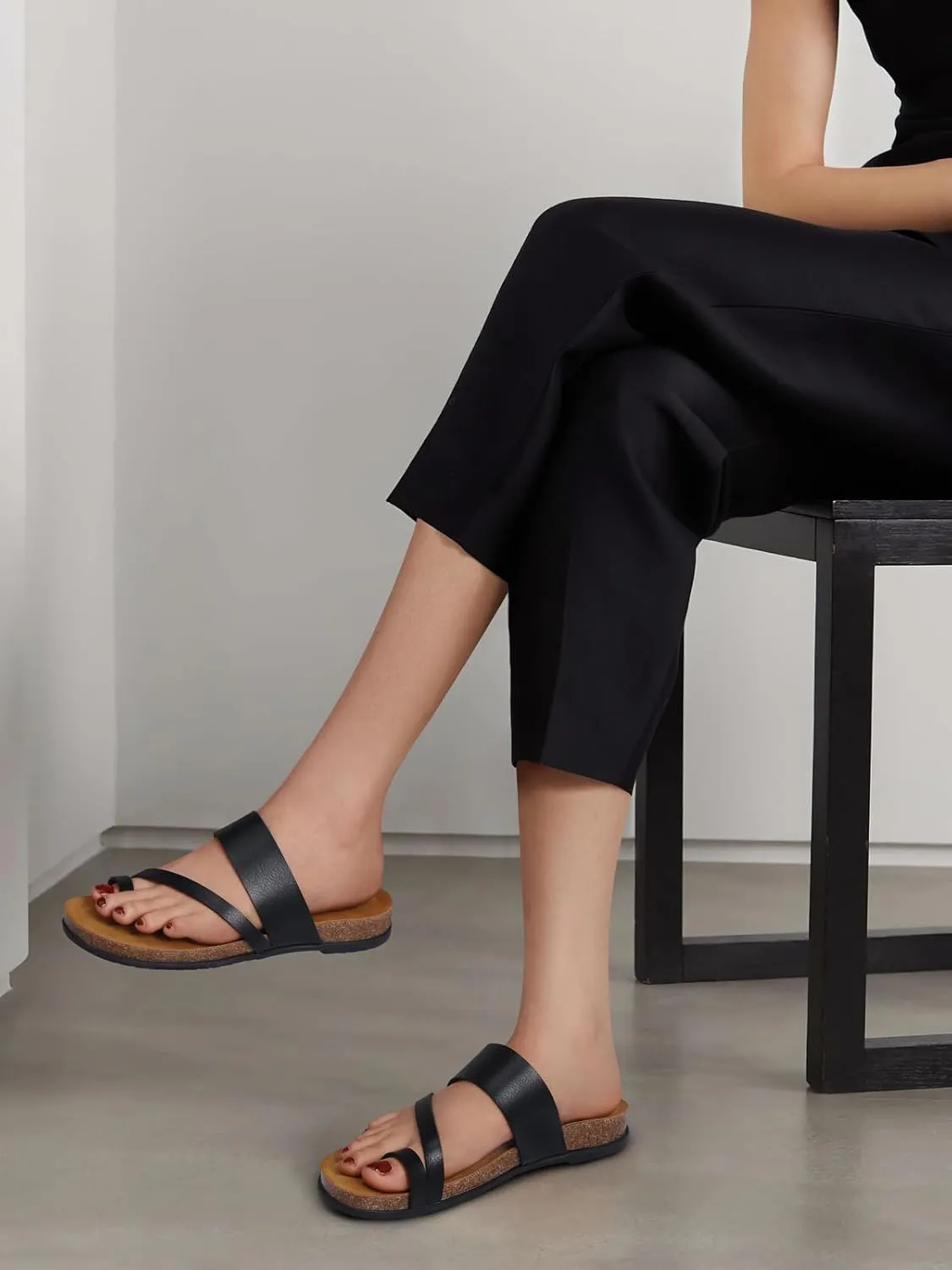 TEMOFON Women Summer Flip Flops: Genuine Leather Sandals, Cork Footbed, Comfortable Arch Support, Black/White/Brown/Nude Thong Sandals Size 5-11