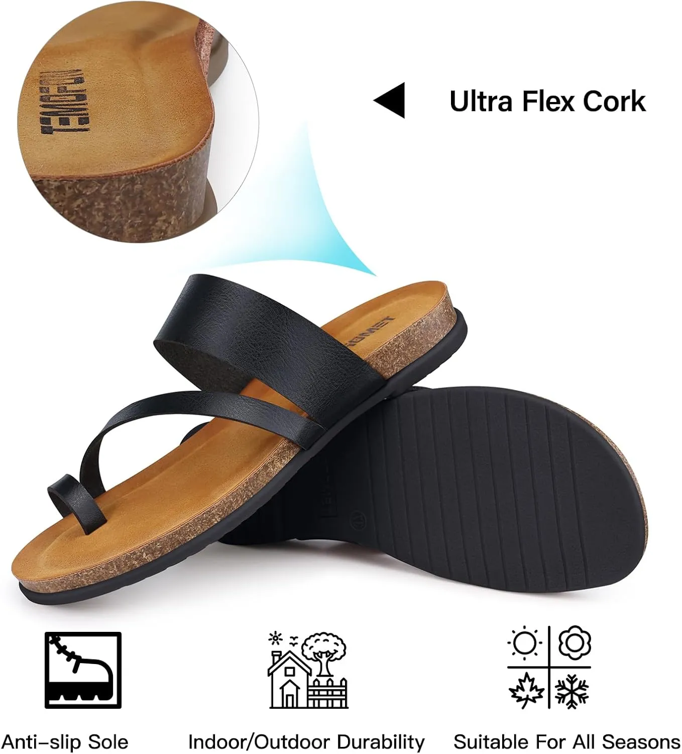 TEMOFON Women Summer Flip Flops: Genuine Leather Sandals, Cork Footbed, Comfortable Arch Support, Black/White/Brown/Nude Thong Sandals Size 5-11