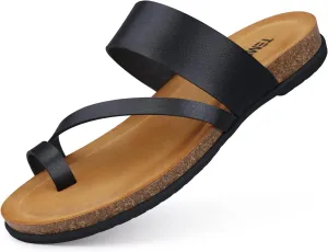 TEMOFON Women Summer Flip Flops: Genuine Leather Sandals, Cork Footbed, Comfortable Arch Support, Black/White/Brown/Nude Thong Sandals Size 5-11