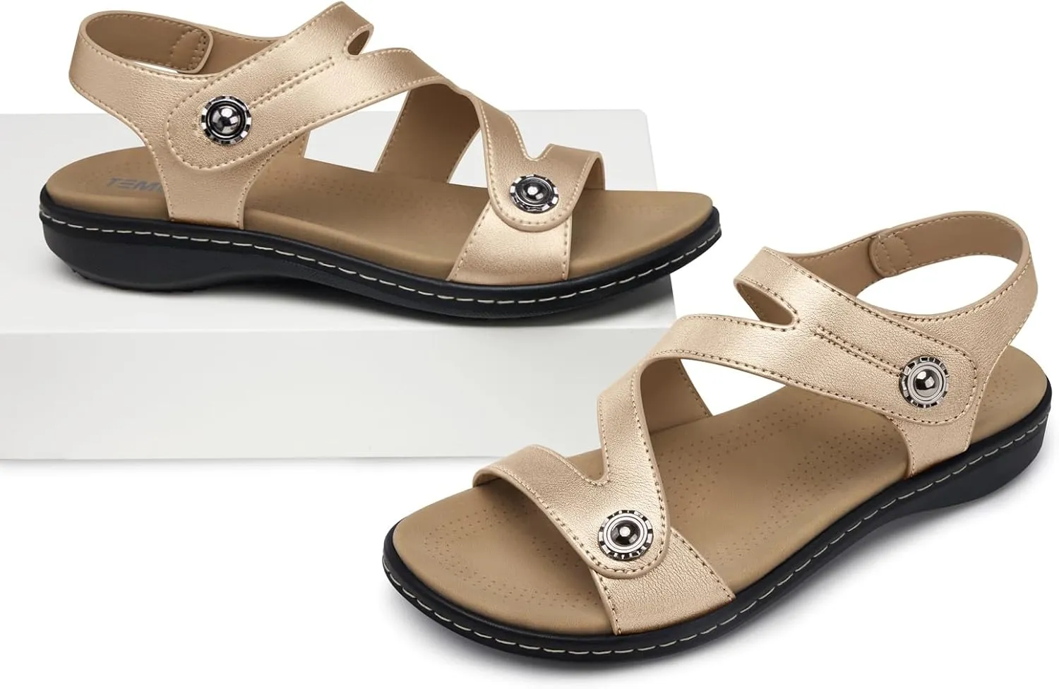 TEMOFON Womens Sandals Dressy Summer: Open Toe Comfortable Walking Flat - Arch Support Flat Sandals Size 5-11
