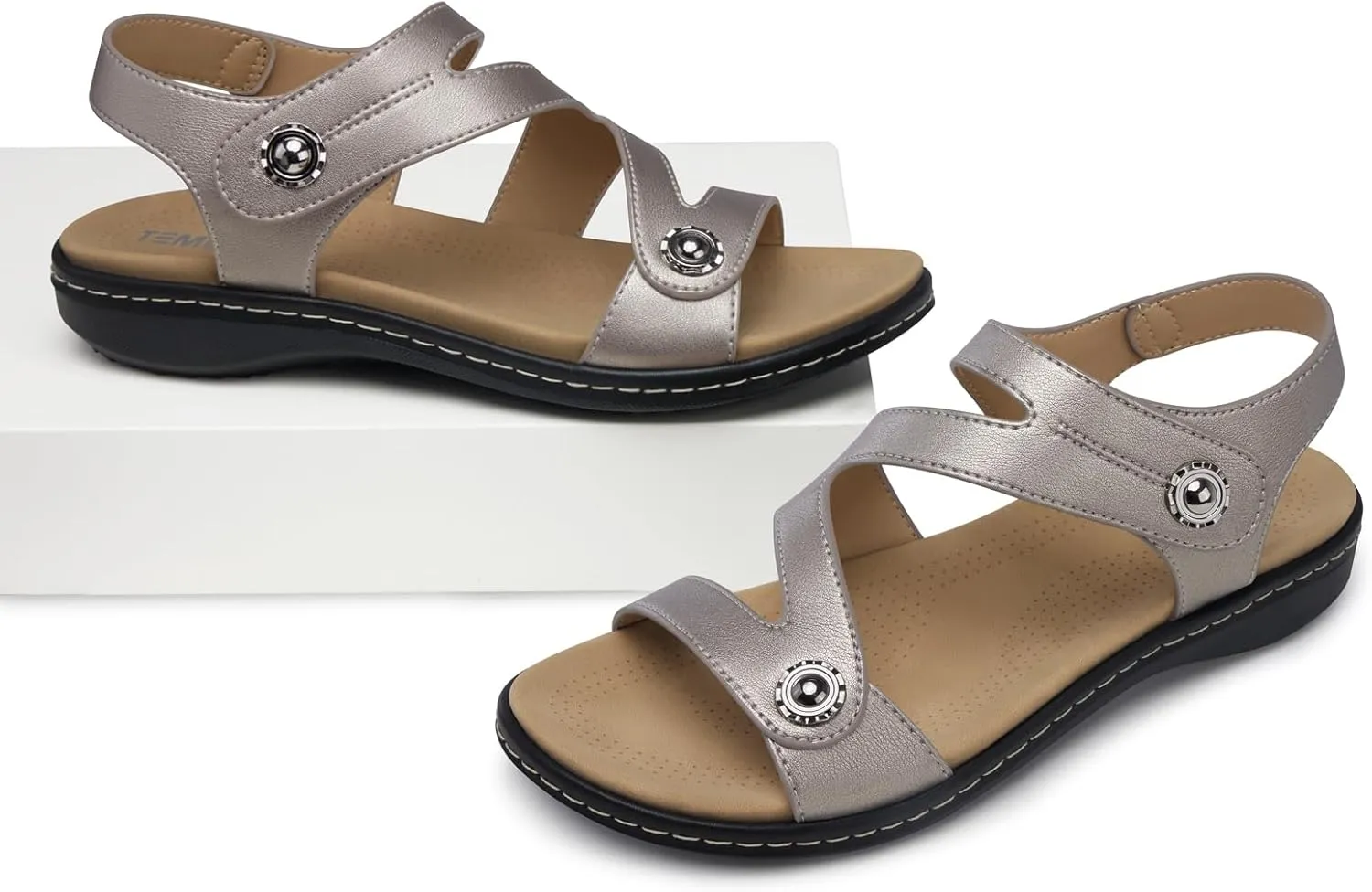 TEMOFON Womens Sandals Dressy Summer: Open Toe Comfortable Walking Flat - Arch Support Flat Sandals Size 5-11