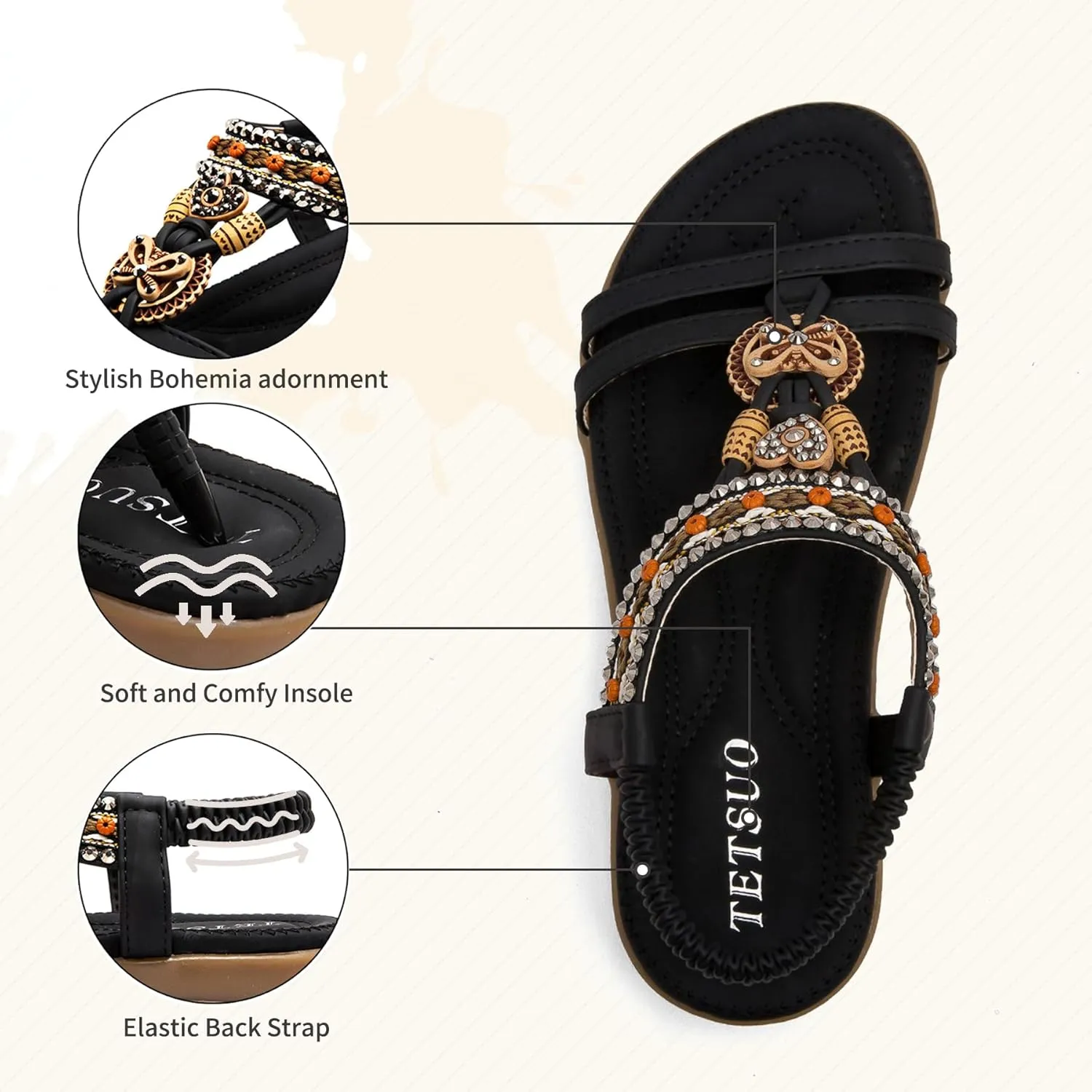 TETSUO Women Sandals Walking Flats Summer Beach Sandals Arch Support Casual Dressy Shoes for Women Elastic Ankle Strap Jeweled Bohemian Shoes