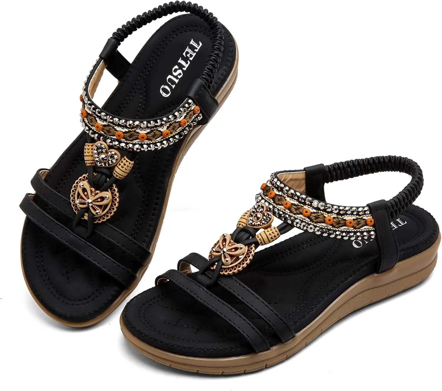 TETSUO Women Sandals Walking Flats Summer Beach Sandals Arch Support Casual Dressy Shoes for Women Elastic Ankle Strap Jeweled Bohemian Shoes