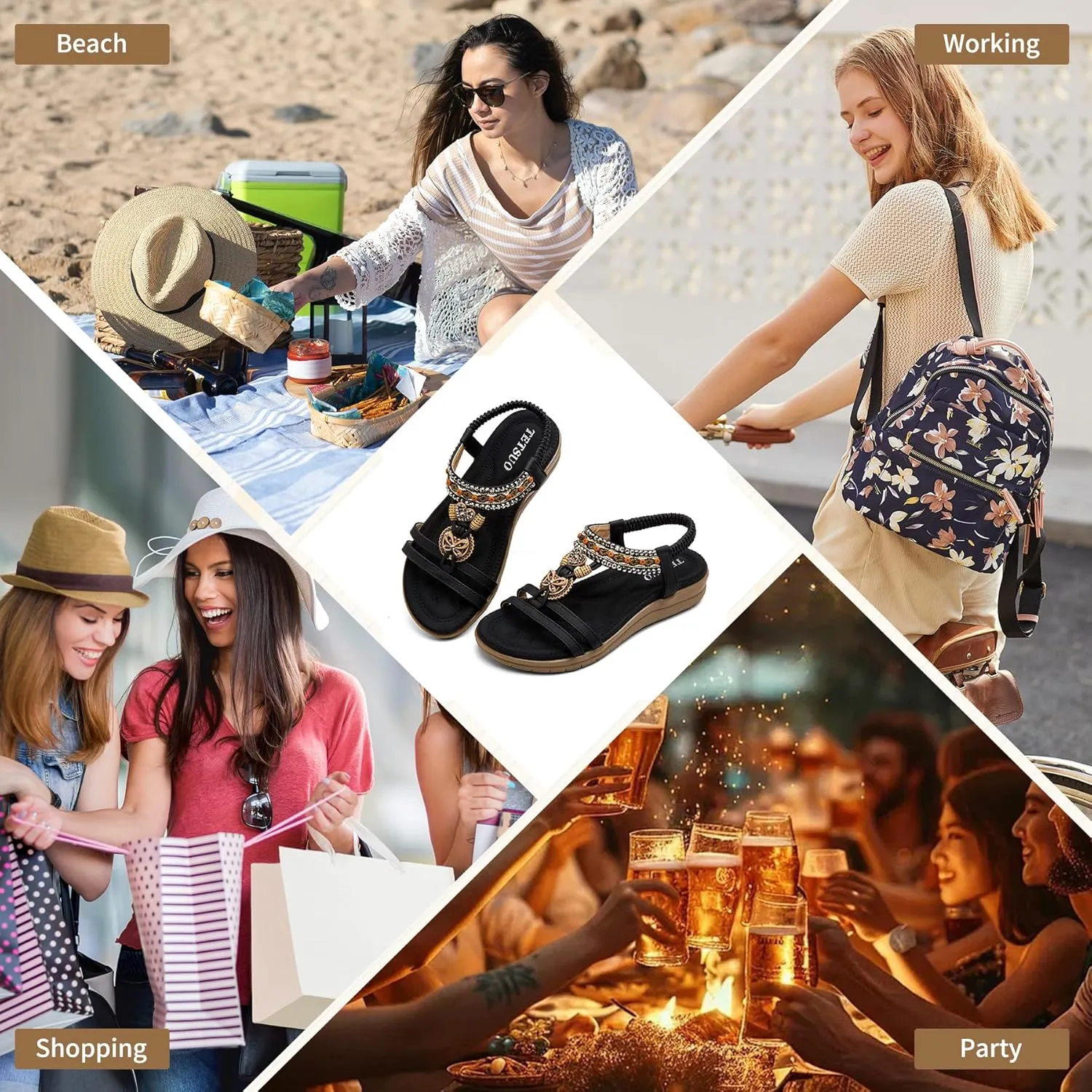 TETSUO Women Sandals Walking Flats Summer Beach Sandals Arch Support Casual Dressy Shoes for Women Elastic Ankle Strap Jeweled Bohemian Shoes
