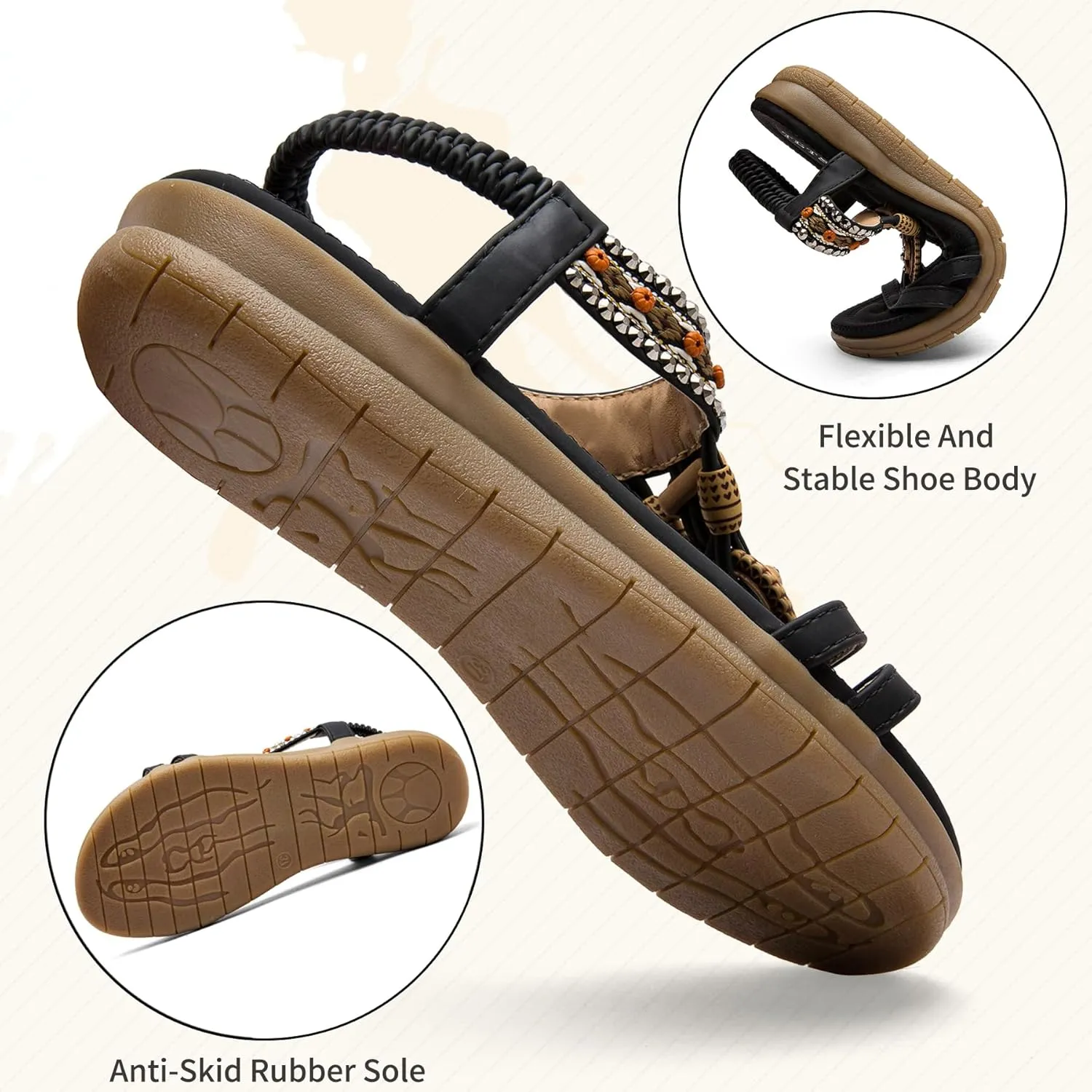 TETSUO Women Sandals Walking Flats Summer Beach Sandals Arch Support Casual Dressy Shoes for Women Elastic Ankle Strap Jeweled Bohemian Shoes