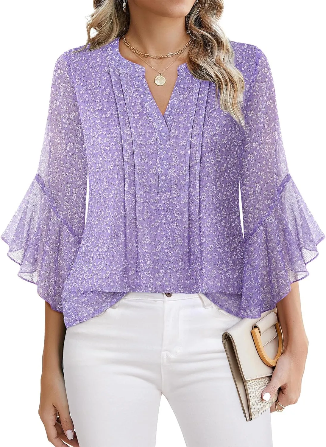Timeson Women's 3/4 Sleeve Tops Dressy Casual Business Work Blouses Chiffon Office Shirts