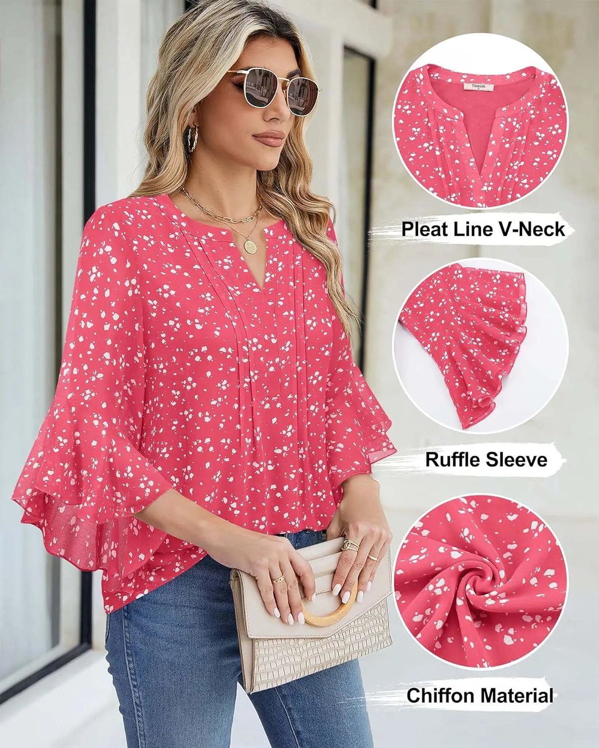 Timeson Women's 3/4 Sleeve Tops Dressy Casual Business Work Blouses Chiffon Office Shirts
