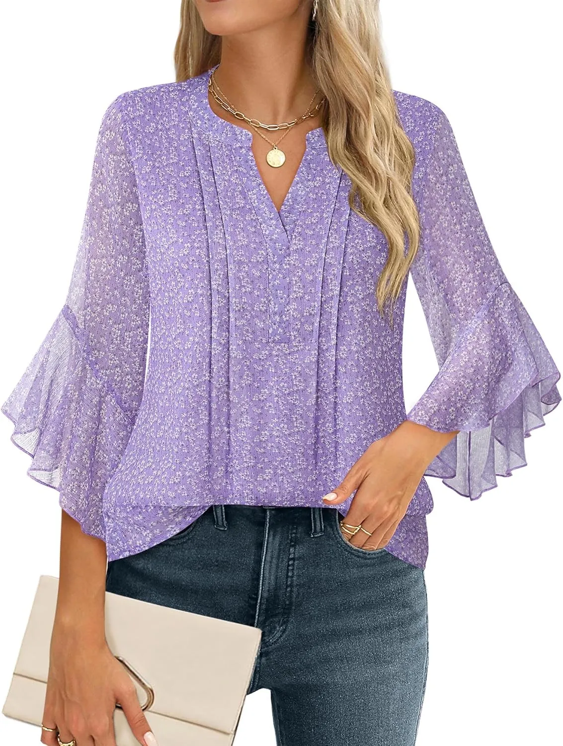 Timeson Women's 3/4 Sleeve Tops Dressy Casual Business Work Blouses Chiffon Office Shirts