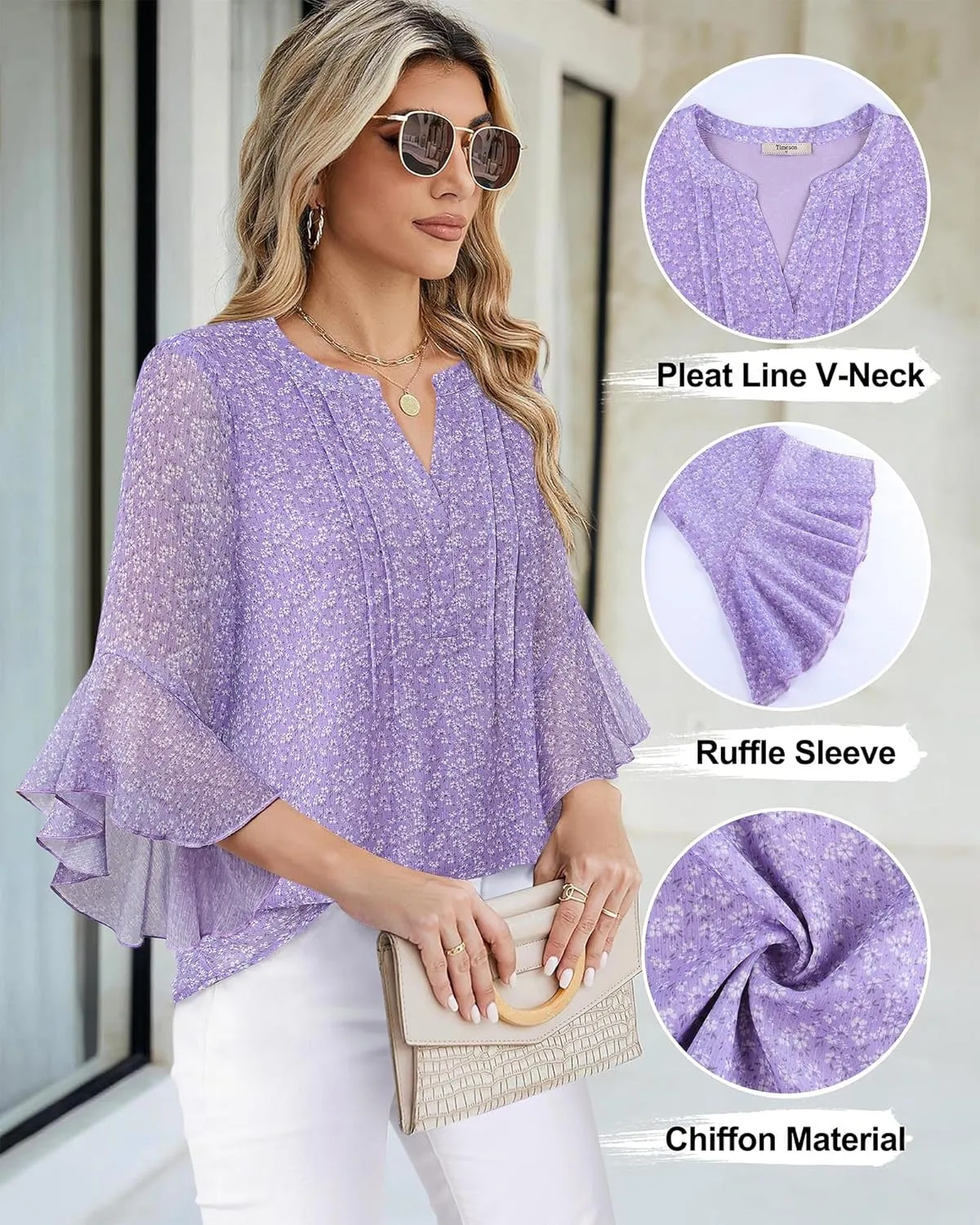 Timeson Women's 3/4 Sleeve Tops Dressy Casual Business Work Blouses Chiffon Office Shirts