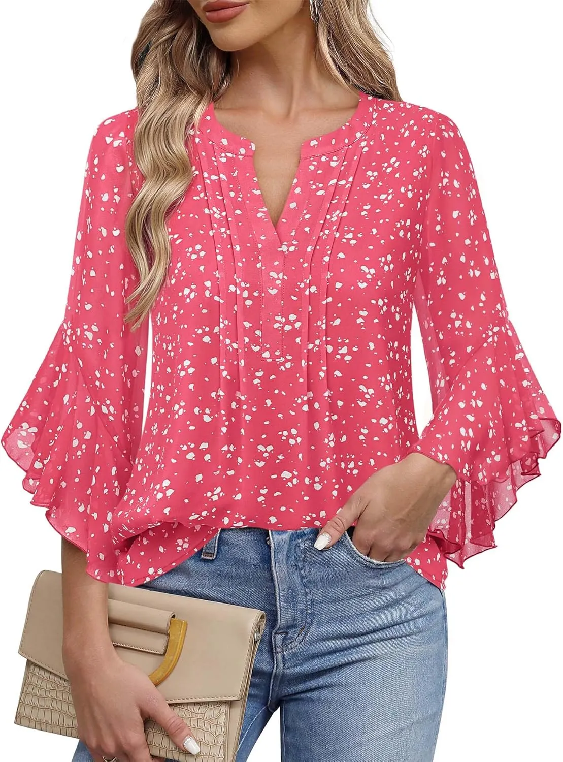 Timeson Women's 3/4 Sleeve Tops Dressy Casual Business Work Blouses Chiffon Office Shirts