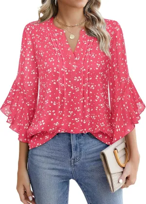 Timeson Women's 3/4 Sleeve Tops Dressy Casual Business Work Blouses Chiffon Office Shirts