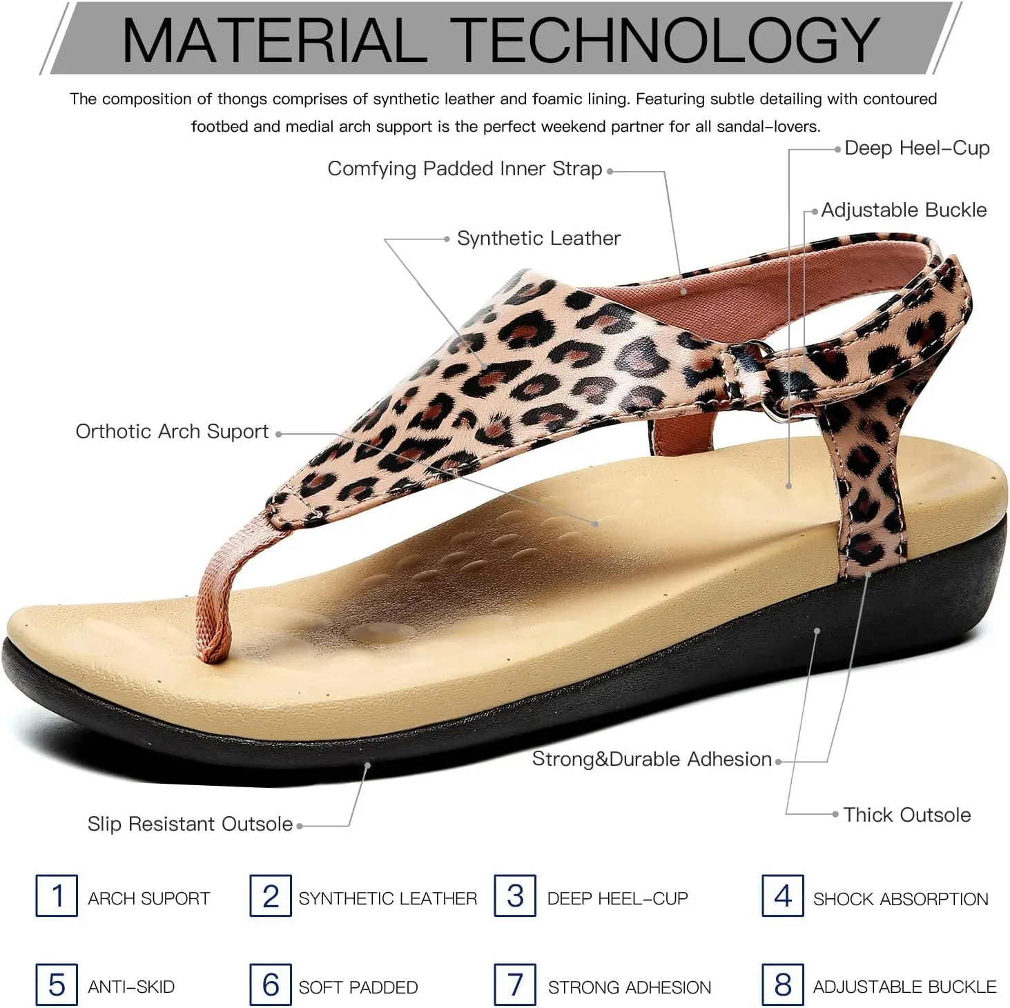 UTENAG Womens Arch Support Sandals Orthotic Adjustable Thong Flip Flops Shoes