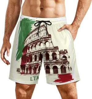 Vintage Roman Colosseums Italian Flag Men's Swim Trunks Quick Dry Board Shorts Swimwear Beach Shorts with Compression Liner