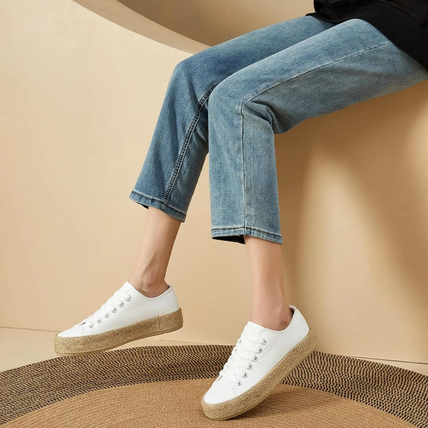 Waluzs Canvas Shoes for Women White Platform Sneakers Low Top Lace Up Tennis Shoes Comfortable Casual Walking Shoes