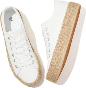 Waluzs Canvas Shoes for Women White Platform Sneakers Low Top Lace Up Tennis Shoes Comfortable Casual Walking Shoes
