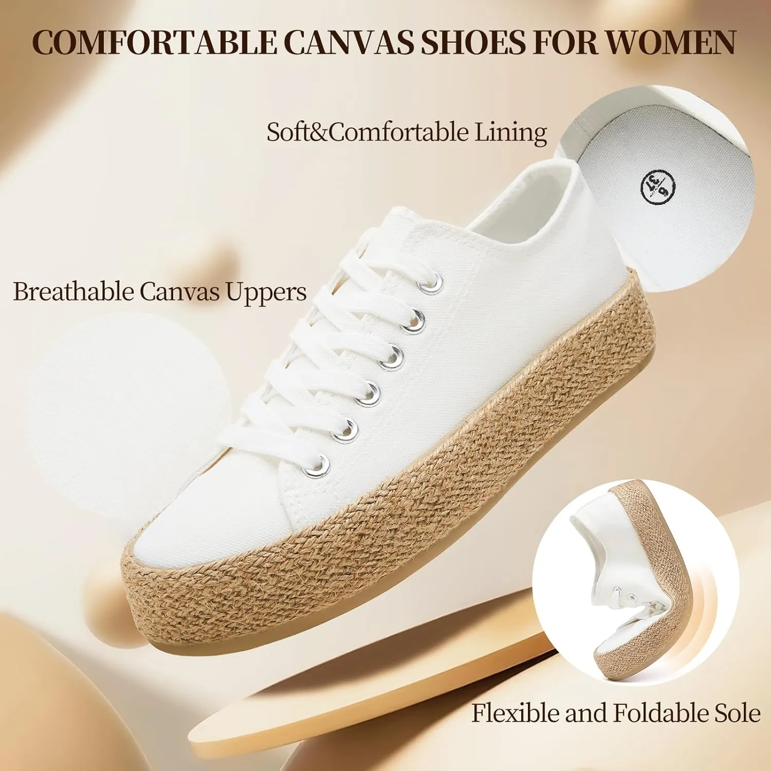 Waluzs Canvas Shoes for Women White Platform Sneakers Low Top Lace Up Tennis Shoes Comfortable Casual Walking Shoes