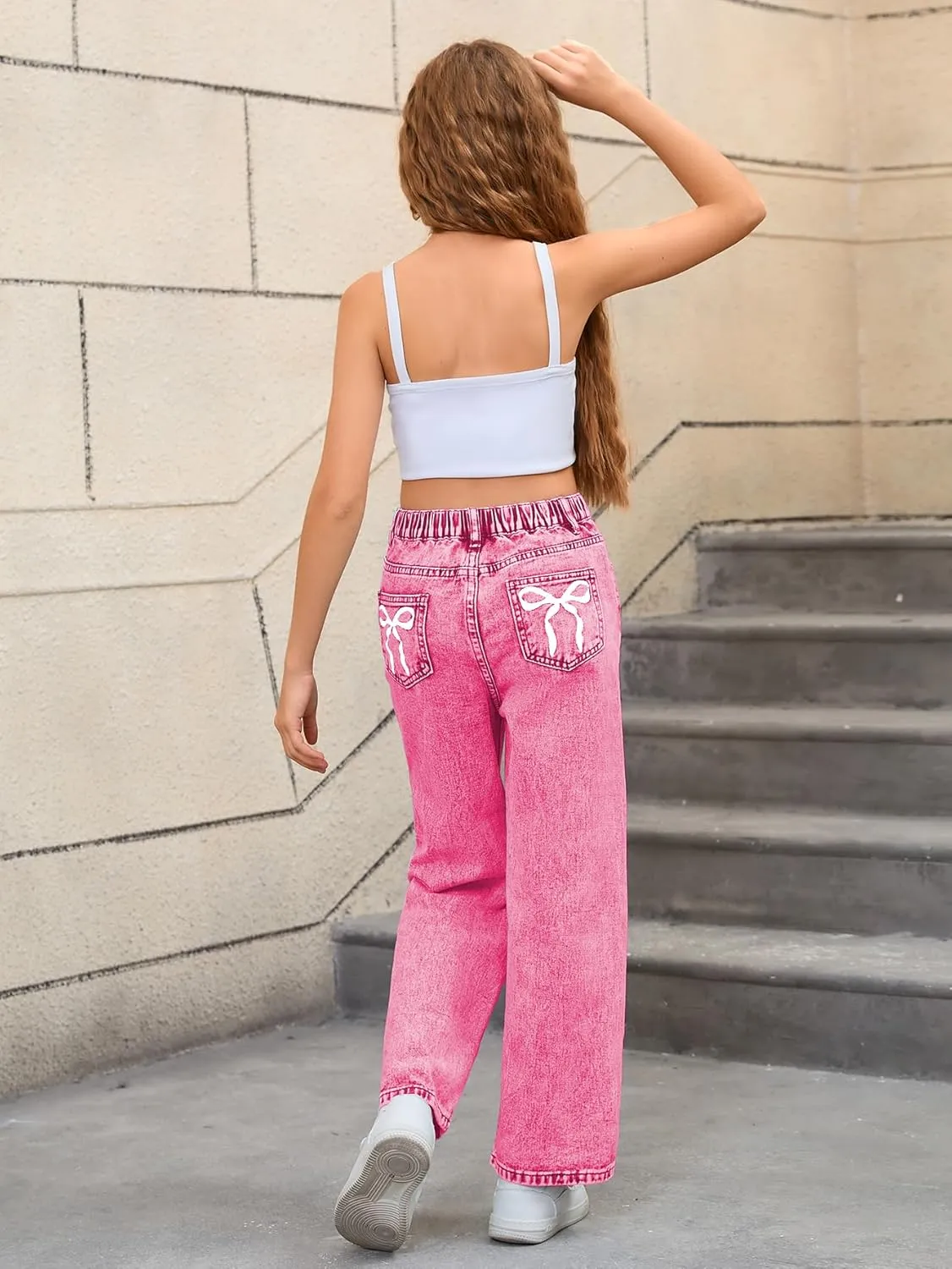WDIRARA Girl's Bow Print Back Zipper Fly Elastic High Waist Denim Pants Basic Wide Leg Jeans