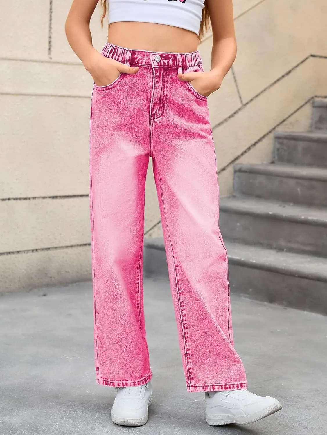 WDIRARA Girl's Bow Print Back Zipper Fly Elastic High Waist Denim Pants Basic Wide Leg Jeans