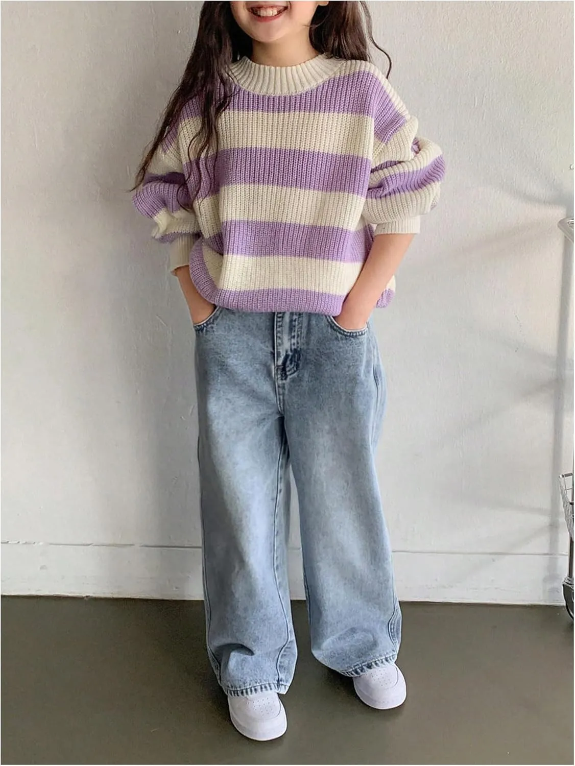 WDIRARA Girl's Bow Print Back Zipper Fly Elastic High Waist Denim Pants Basic Wide Leg Jeans