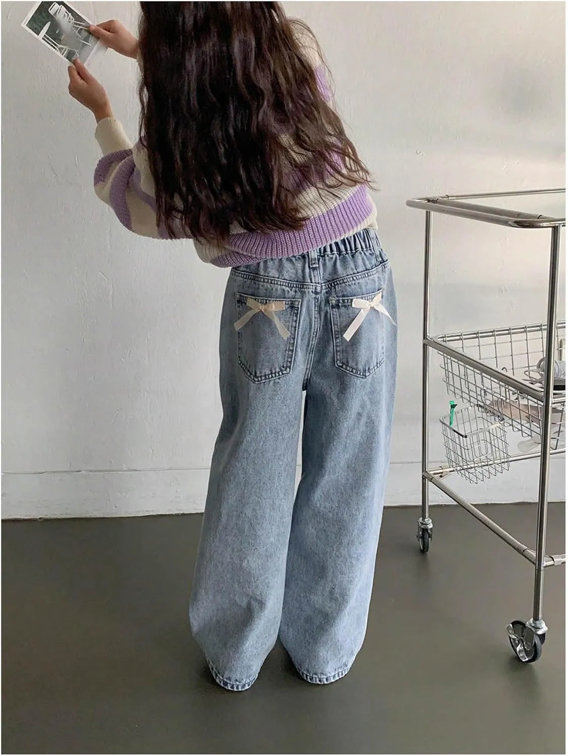 WDIRARA Girl's Bow Print Back Zipper Fly Elastic High Waist Denim Pants Basic Wide Leg Jeans